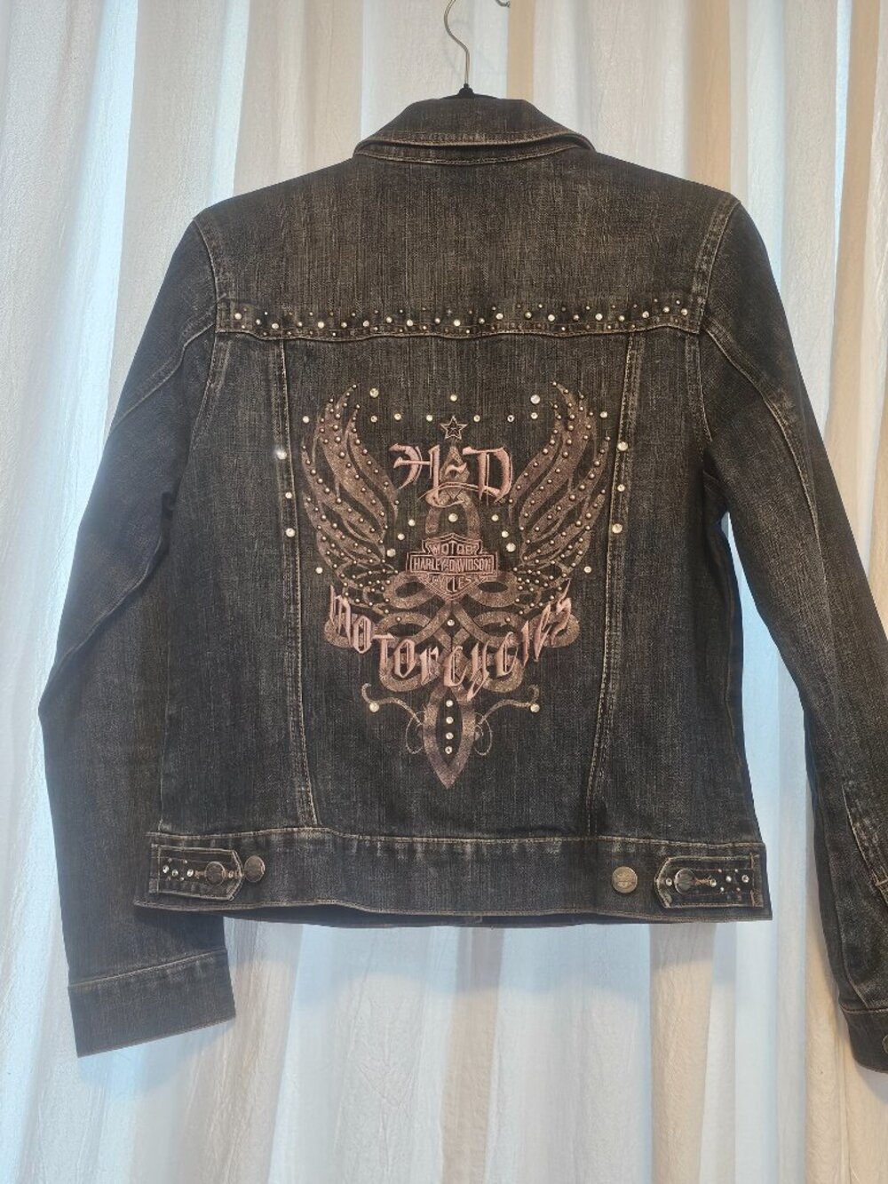 Harley Davidson Womens M Rhinestone Studded Denim Jacket Bling Wings - Picture 8 of 12